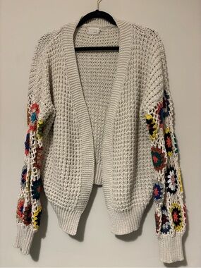 Dry Goods Cream Open-Front Sweater with Multicolor Crochet Sleeves